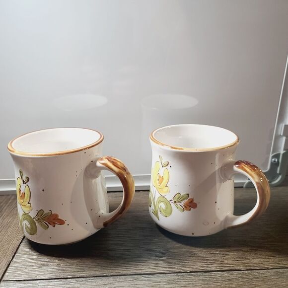 Vintage 1960s MCM Retro JP Casualstone Korea Yellow Floral Coffee Mugs Set 2 - Picture 2 of 9
